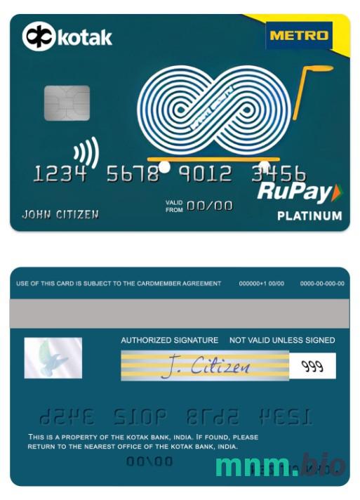 India Kotak Bank Metro Cash & Carry RuPay platyna karta przykład w formacie PSD